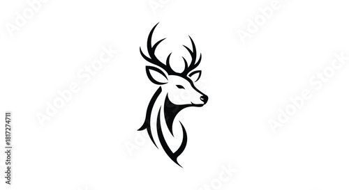 Elegant black and white line art of a majestic deer head with prominent antlers, isolated on a white background.