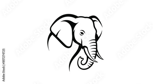 Black and white illustration of an elephant head with curved trunk and large ears.