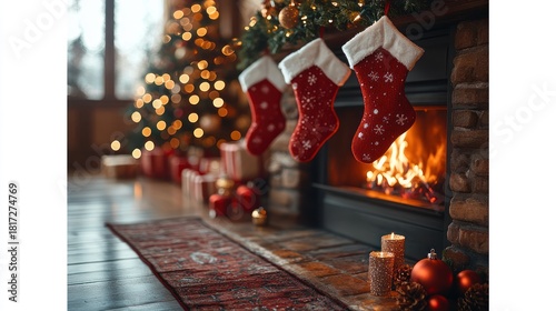 Stockings hanging over a cozy fireplace with a burning fire and festive holiday decorations in a warm home setting