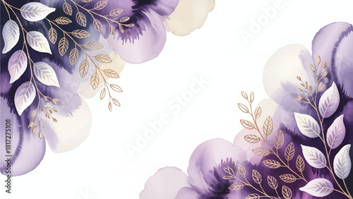 Elegant gold watercolor floral purple frame , Luxurious violet botanical wedding background , modern lavender pastel flower corner design , Abstract ink splash golden leaves border