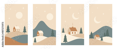 Nordic minimalistic Christmas landscape set. Winter mountains and house in warm colors. Vector illustrations