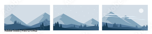 Winter minimalistic landscapes in blue colors. Mountains and fir tree. Hand drawn vector illustrations