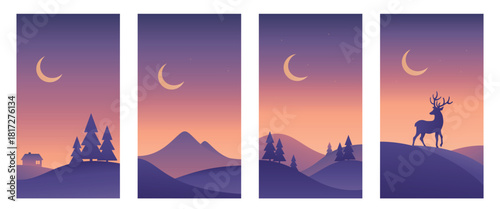 Winter night minimalistic Scandinavian landscapes. Hand drawn illustrations in purple colors