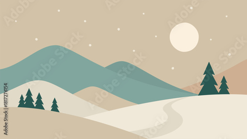 Minimalistic winter landscape. Mountains and moon hand drawn vector illustration