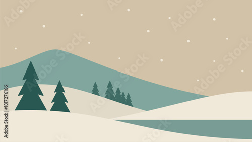 Minimalistic winter landscape. Mountains and water hand drawn vector illustration
