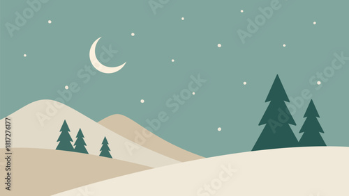 Minimalistic night winter landscape. Mountains and moon hand drawn vector illustration