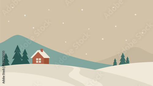 Minimalistic winter landscape. Mountains and house hand drawn vector illustration