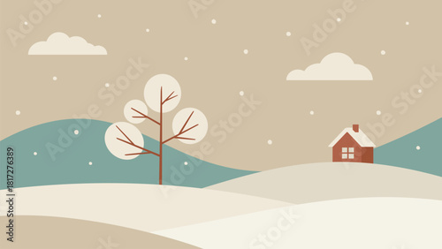 Minimalistic winter landscape. Mountains, tree and house hand drawn vector illustration