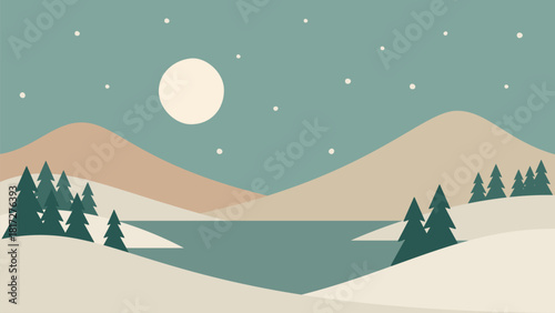 Minimalistic night winter landscape. Mountains and lake hand drawn vector illustration