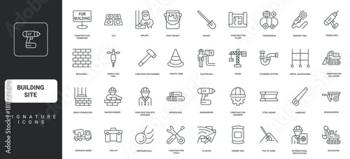Essential building site project and engineering, architecture, for elements safety and workers, equipment, tools, construction featuring set icons signature planning vector illustration