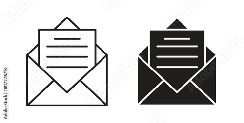 Envelope open icon glyph and line set thin line symbol concept.