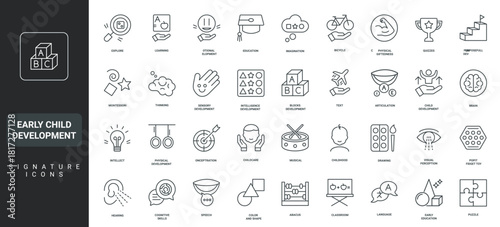 Cognitive therapy, articulation, play and learning thin black and red outline symbols vector illustration Early child development, preschool education and kindergarten, Montessori line icon set.