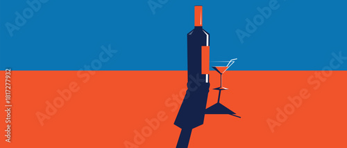 Flat illustration of a wine bottle, glass, shadows, restaurant banner, horizontal poster, alcohol menu, tasting. Concept: cool party, drinks, red wine, white wine, chardonnay, cabernet, liqueur