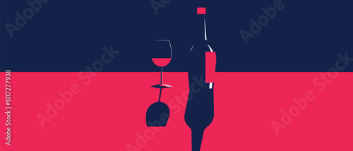 Bar poster, restaurant banner, flat design, wine bottle, glass, festival concept, drink party. Contour image of a bottle of alcohol, red wine, chardonnay, cabernet, merlot, booze, drunkenness