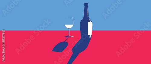 Illustration of a bottle of white wine, a glass, flat design, minimalism, restaurant banner, wine bar poster, wine list. Nightclub party, alcohol sales, kitchen decor, sommelier, wine tasting, Merlot