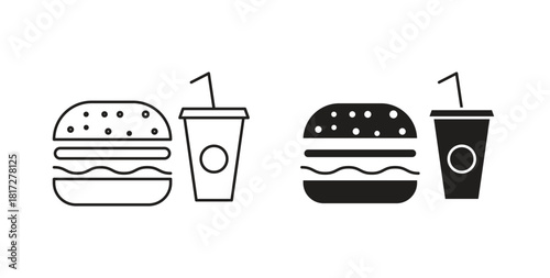 Hamburger soda icon glyph and line set thin line symbol concept.
