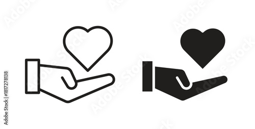 Hand holding heart icon glyph and line set thin line symbol concept.
