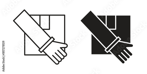 Hand holding box icon glyph and line set thin line symbol concept.