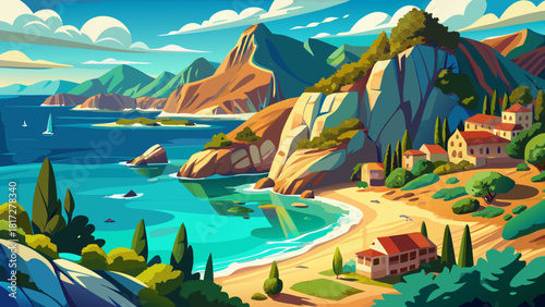 Very beautiful view of the Mediterranean coast of Spain, featuring turquoise waters, rugged cliffs, golden beaches, and sunlit coastal landscapes that highlight the serene and vibrant charm of the reg