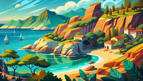 Very beautiful view of the Mediterranean coast of Spain, featuring turquoise waters, rugged cliffs, golden beaches, and sunlit coastal landscapes that highlight the serene and vibrant charm of the reg