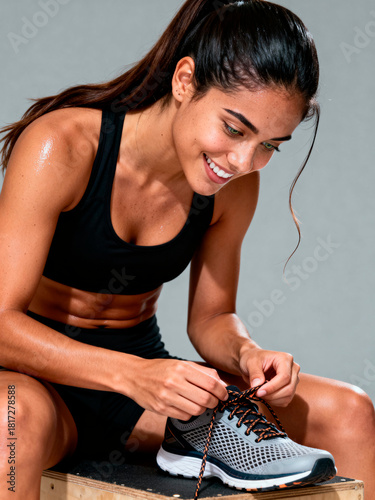 Mujer atleta atándose las zapatillas antes del entrenamiento