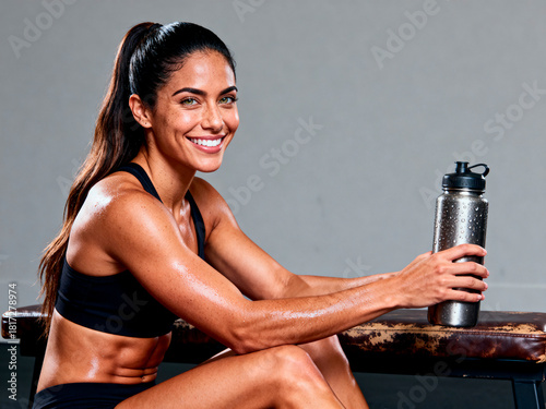Mujer deportista descansando y bebiendo agua después del entrenamiento