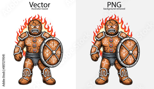 Angry gingerbread warrior with shield and flames gingerbread man soldier