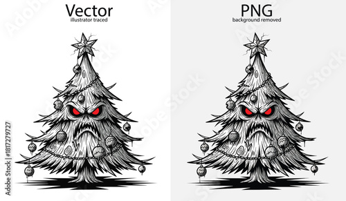 Grumpy Christmas Tree with Red Eyes and Ornaments angry evil