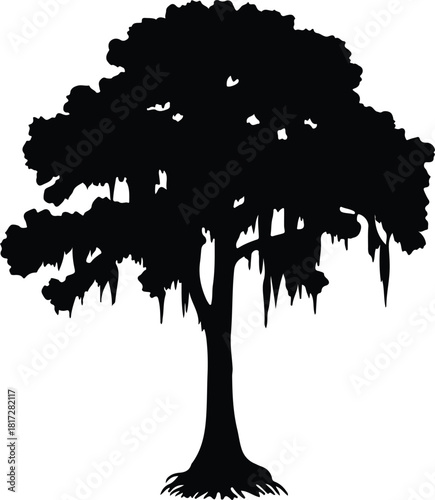 Illustration black silhouette of live oak tree with moss vector