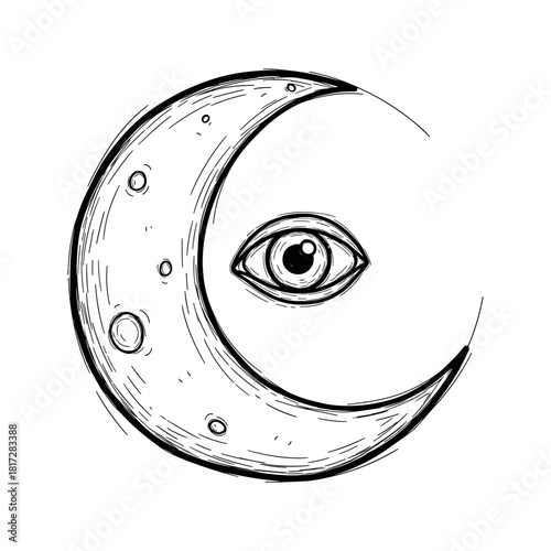 Crescent Moon with Eye Line Icon, Hand-Drawn Sketch, Transparent Background