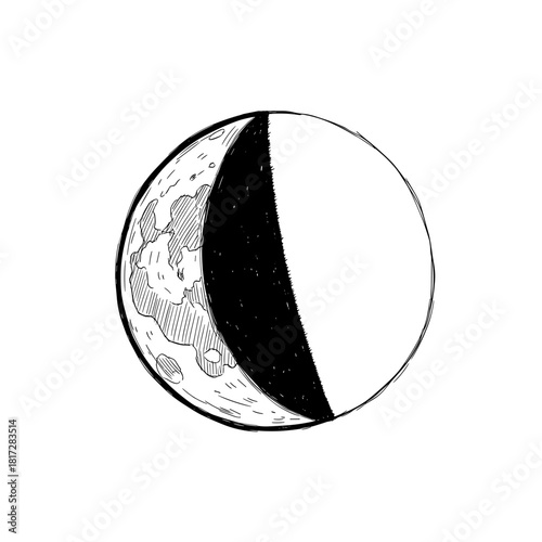 Half Moon Phase Line Icon, Hand-Drawn Sketch, Transparent Background