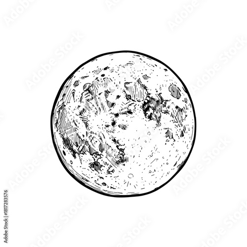 Full Moon Line Icon, Hand-Drawn Sketch Style, Transparent Background