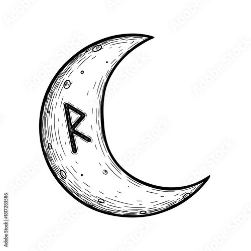 Crescent Moon Line Icon with Rune, Hand-Drawn Sketch, Transparent Background