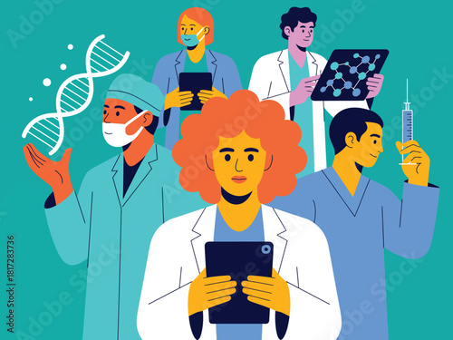 Healthcare professionals team working on medical research and patient care with technology vector illustration