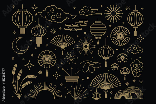 Chinese new year elements with oriental ornaments and traditional lanterns in gold line art style
