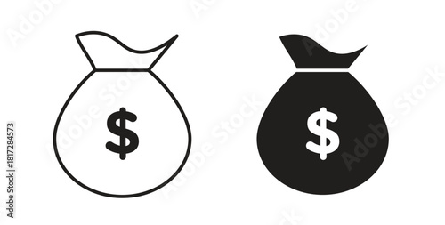 Money bag icon with line and silhouette versions.