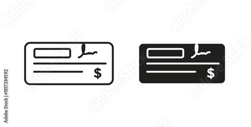 Money check icon with line and silhouette versions.