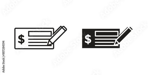 Money check icon with line and silhouette versions.