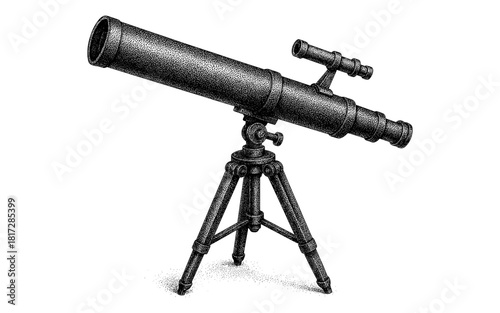 Vintage telescope on tripod hand drawn in detailed stipple art style
