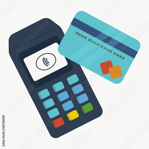 Blue credit card, card payment, terminal, bank terminal for card payment. Online payment. Money, internet, Wi-Fi