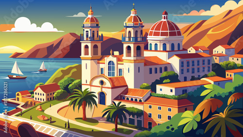 Very beautiful overview of the Basilica of Our Lady of Candelaria in Candelaria, Tenerife, showcasing its elegant architecture set against the coastal landscape and bright island light of the Canary I