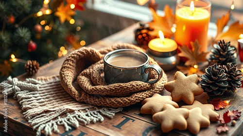 Knit scarf, steaming cup of cocoa, candle flame, cookies on wooden table, blurred background with Christmas tree with lights, static camera