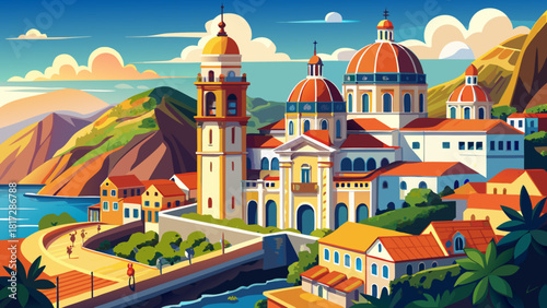 Very beautiful overview of the Basilica of Our Lady of Candelaria in Candelaria, Tenerife, showcasing its elegant architecture set against the coastal landscape and bright island light of the Canary I