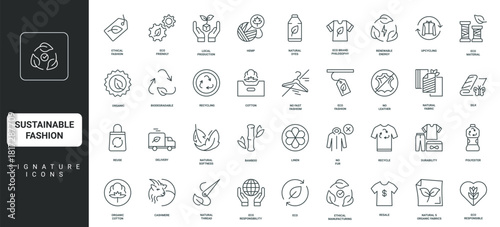 No leather and fur, ethical production thin black and red outline symbols vector illustration Sustainable fashion, natural thread and eco organic, biodegradable fabric material line icon set.