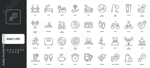 Food, running and yoga, hygiene thin black and red outline symbols vector illustration Daily life, active and luxury lifestyle, healthy habits and office work, sport exercises in gym line icon set.