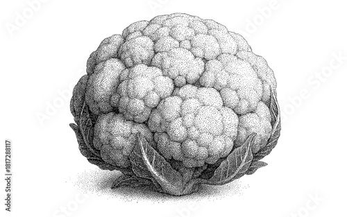 Detailed cauliflower engraving in black and white stippled style