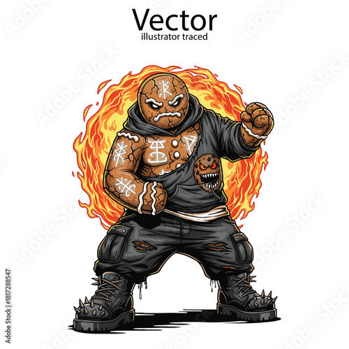 Angry Gingerbread Man Character with Flames and Spiked Boots menacing