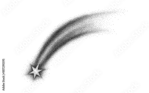 Stippled shooting star with trail in pointillism style on white background