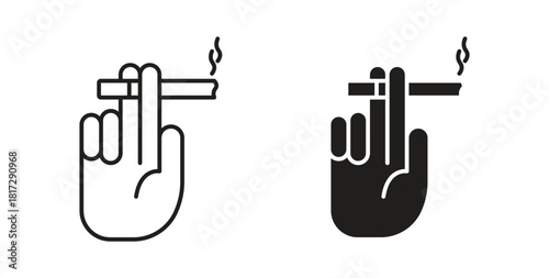 Hand holding cigarette icon in doodle and stroke style.