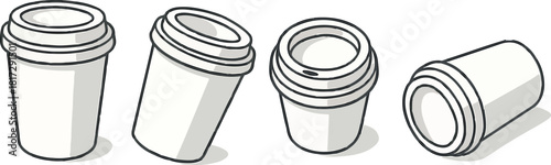 set of icons of paper cups for drinks with lids in isometric style, for restaurant, cafe or other food designs